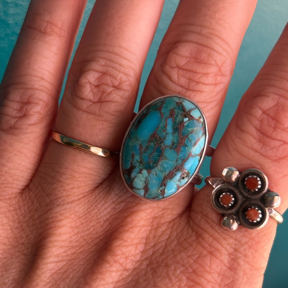 Blue Composite Turquoise Sterling Silver Ring, "Blue Island" Size 7
